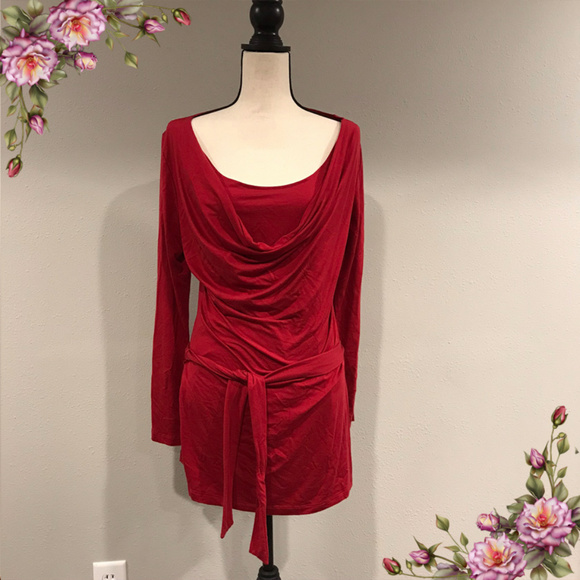 New York & Company Tops - Red Tunic Length Top with Scoop Neck and Belt